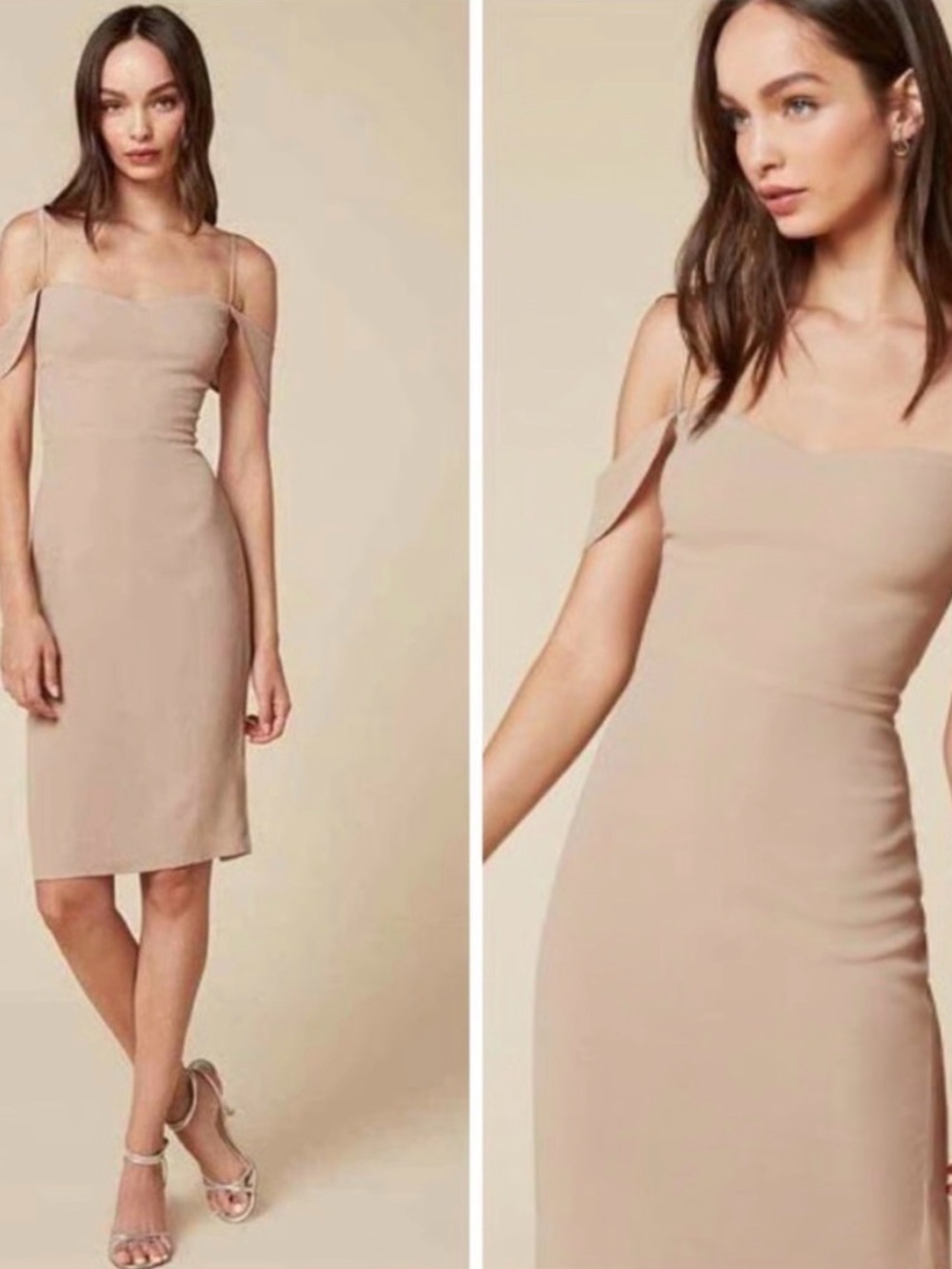 Reformation Rena Beige Midi Sheath Dress with Delicate Off-Shoulder Straps